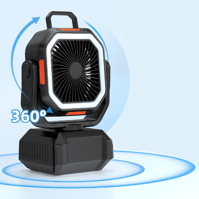 Black portable fan with rotation function feature on a light blue background