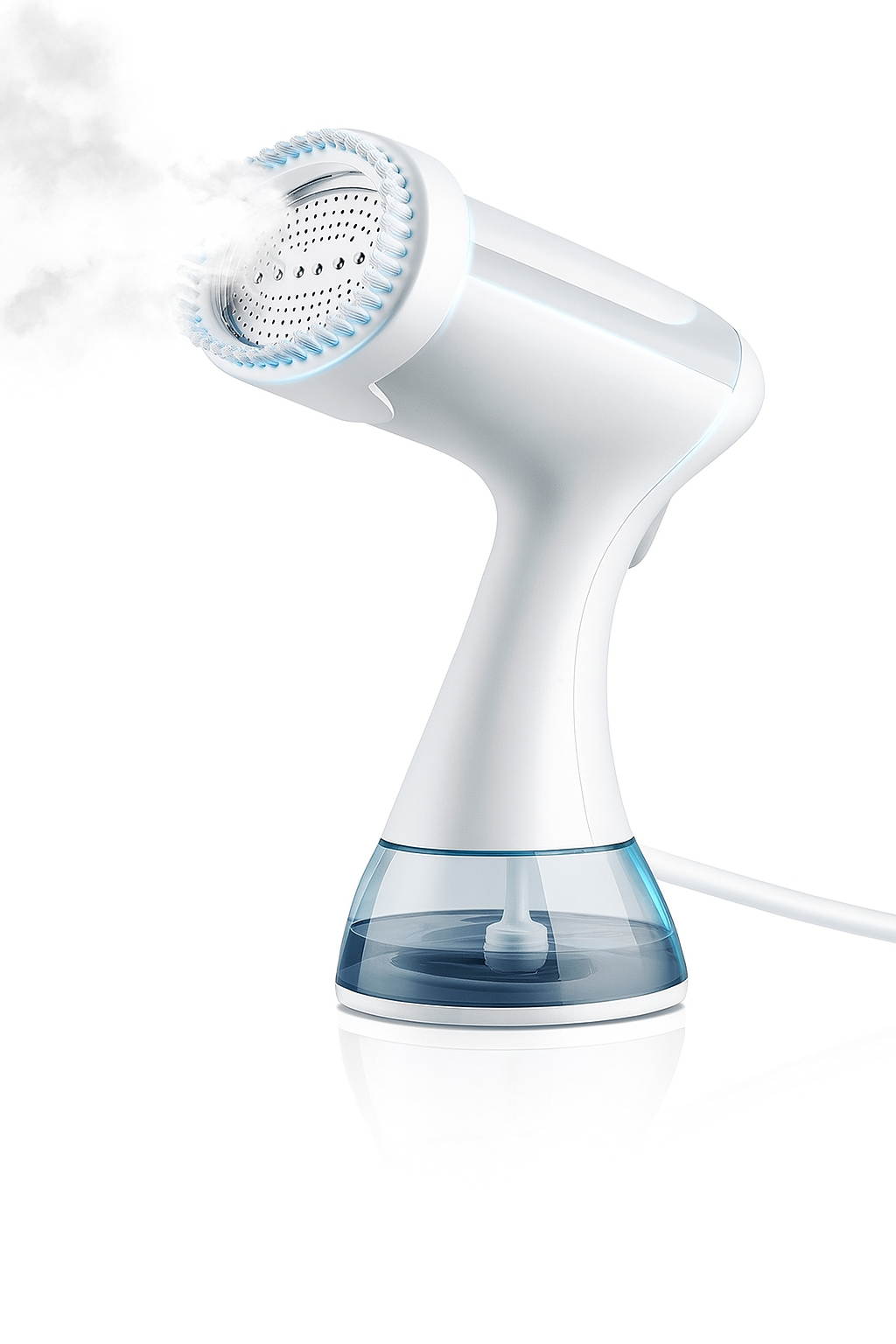 White handheld steamer with blue accents on a white background